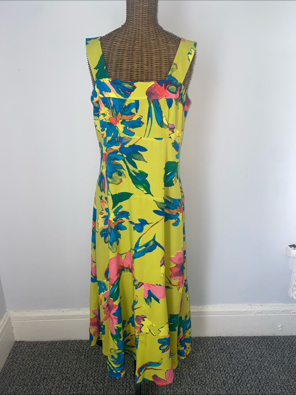 Vince Camuto Lime Yellow Floral Maxi Dress with Blue & Pink Accents